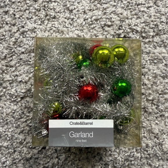 Crate & Barrel Christmas Garland – 9 Ft Silver Tinsel with Red & Green Ornaments - Picture 6 of 8